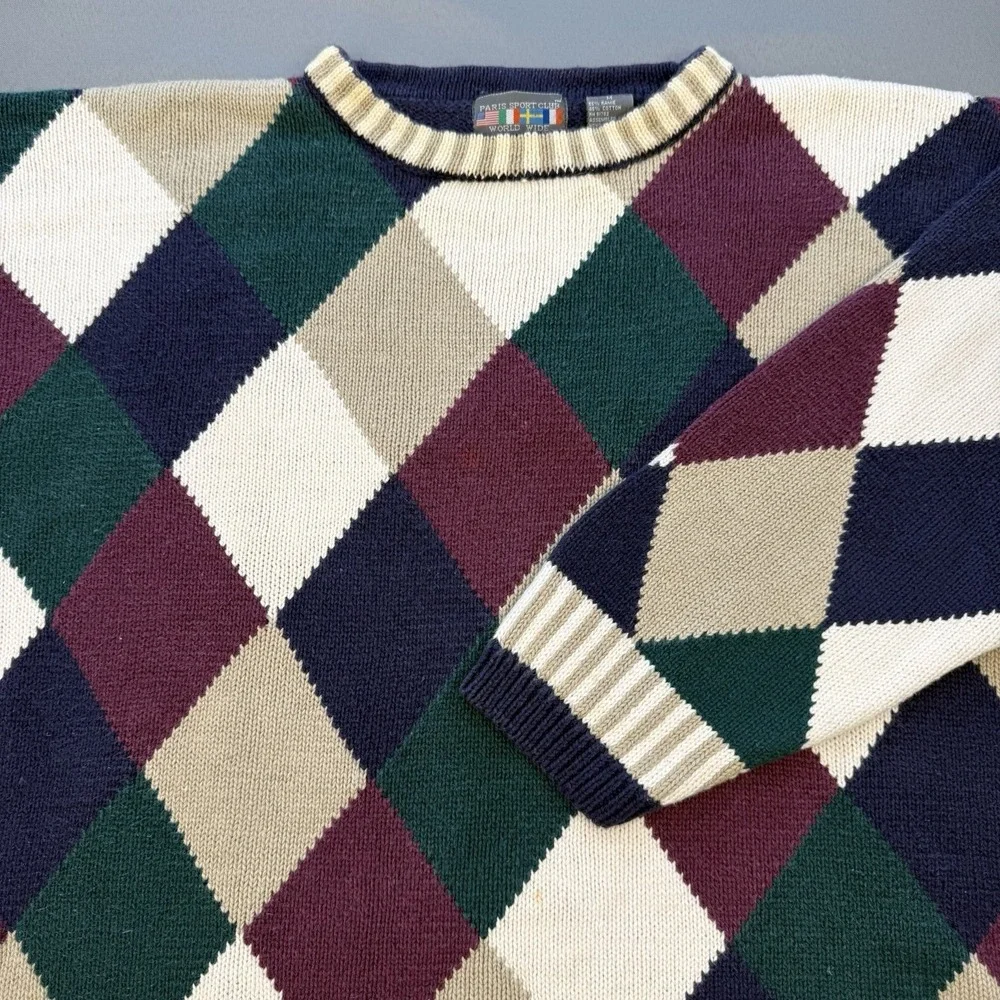 Paris Sport Club World Wide Vintage Argyle Striped Trim Pullover Sweater Men's M